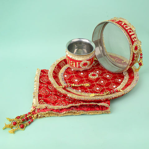 11 Pc Red Embroidery Karwa Chauth Thali Set with Cover, Channi, Kalash, and Full Puja Kit. India’s Largest Pooja Accessories Brand - www.satvikstore.in