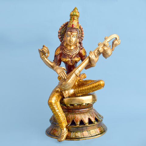 12_Inch_Saraswati_Mata_Brass_Idol_Goddess_Saraswati featuring intricate detailing, perfect for spiritual home decor, temple worship, and devotional gifting. India’s Largest Brass Idols Brand - www.satvikstore.in