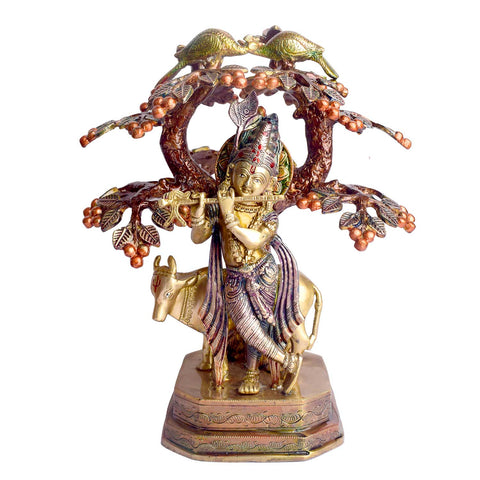 13.4-inch pure brass statue of Lord Krishna standing with a cow under a tree, representing divine love, protection, and harmony, perfect for home or temple decor. India’s Largest Brass Idols Brand - www.satvikstore.in
