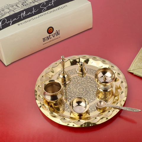 7 Piece Brass Pooja Thali Set (10 inch) featuring exquisite Kashmiri art – Design 4. Ideal for festive rituals, daily worship, and traditional gifting with cultural elegance - Satvikstore.in
