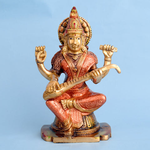 8.7 Inch Goddess Saraswati Mata Idol Brass Statue featuring intricate detailing, perfect for spiritual home decor, temple worship, and devotional gifting. India’s Largest Brass Idols Brand - www.satvikstore.in