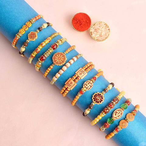 Assortment of 12 Rakhis, featuring different designs, threads, and embellishments for Raksha Bandhan. India’s Largest Pooja Accessories Brand - www.satvikstore.in