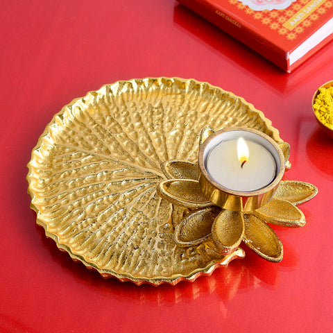 Adorable gold and white pooja thali platter with elegant finish for festive rituals and home temple decor India’s Largest Pooja Accessories Brand – www.satvikstore.in