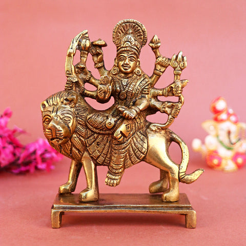 5.3 Inch Brass Durga Maa Idol with detailed craftsmanship, symbolizing power, protection, and grace – perfect for home temple, Navratri worship, and spiritual gifting. No.1 Brass Idol Store www.satvikstore.in  