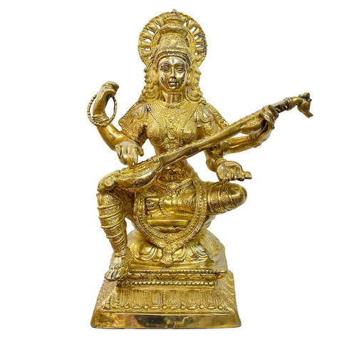 Handcrafted Large Brass Saraswati Idol | Best for VIP Gift & Big Premium Gift | Divine Goddess Saraswati Statue with Glossy Finish | 75 cm Height, 30.65 kg Weight | Best for Your Temple & Home Puja Decor | High-Quality Brass Murti for Worship | India's Largest Puja Accessories Brand - Satvik No. 1 Brass Idol Collection 

