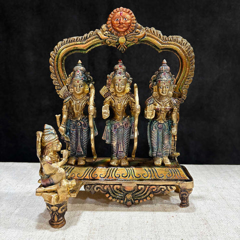 9.4 Inch Brass Ram Darbar Idol featuring Lord Ram, Sita, Lakshman, and Hanuman in a sacred and protective divine form.No.1 Brass Idol Store www.satvikstore.in 