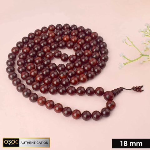 Certified 18mm 100% authentic pure red sandalwood Jap mala from Andhra Pradesh, handcrafted with smooth, polished beads for spiritual and meditative use.India’s Premium Jap Mala Store - www.satvikstore.in