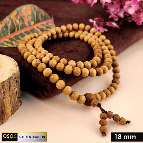 Certified 18mm 100% original authentic Mysore white sandalwood (Chandan) jap mala, featuring extra-large, finely polished beads for meditation, chanting, and spiritual practices.India’s Premium Jap Mala Store - www.satvikstore.in