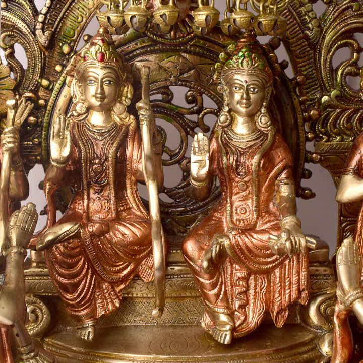 Large Brass Idol of 23 Inch Elegant Brass Ram Darbar Idol. This Elegant Brass Ram Darbar Idol&nbsp;beautifully captures the essence of divinity and royalty. Crafted with intricate detailing, it showcases Lord Ram in a regal pose, symbolizing strength, devotion, and grace. 