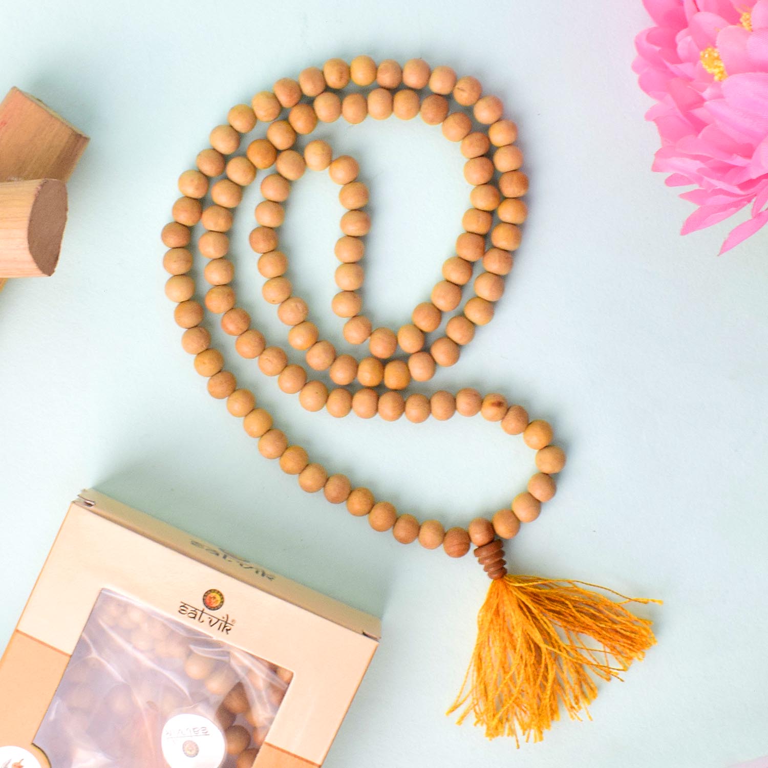 Regular White Sandalwood (Chandan) Jap Mala with smooth, fragrant beads, ideal for daily meditation, mantra chanting, and spiritual practices. India’s Premium Jap Mala Store- www.satvikstore.in
