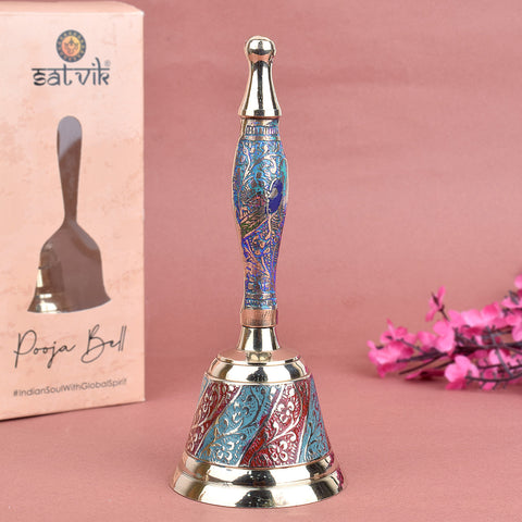 Handcrafted brass puja bell in sky blue and red finish, ideal for temple rituals and devotional use with a vibrant traditional design. India’s Largest Pooja Accessories Brand – www.satvikstore.in
