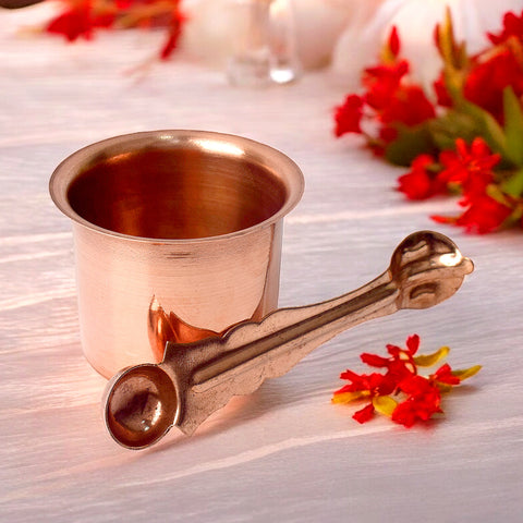 Premium pure copper Panch Patra set with puja glass and spoon for Hindu rituals, worship, and spiritual ceremonies. India’s Largest Pooja Accessories Brand – www.satvikstore.in