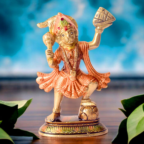 5.5 Inch Radiant Colored Brass Sanjivani Hanuman Idol, beautifully crafted with vibrant colors, symbolizing strength, devotion, and healing – perfect for spiritual worship, home temple, and devotional gifting. No.1 Brass Idol Store www.satvikstore.in 
