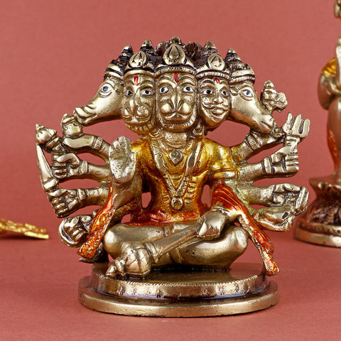 3.5 Inch Stylistic Brass Panchmukhi Hanuman Idol featuring five intricately crafted faces, symbolizing divine protection, strength, and spiritual power – perfect for home temple and sacred décor. No.1 Brass Idol Store www.satvikstore.in 