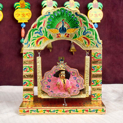 Golden Meenakari Jhula – Arched Crown Peacock Frame for Laddu Gopal – India’s Largest Pooja Accessories Brand – www.satvikstore.in

