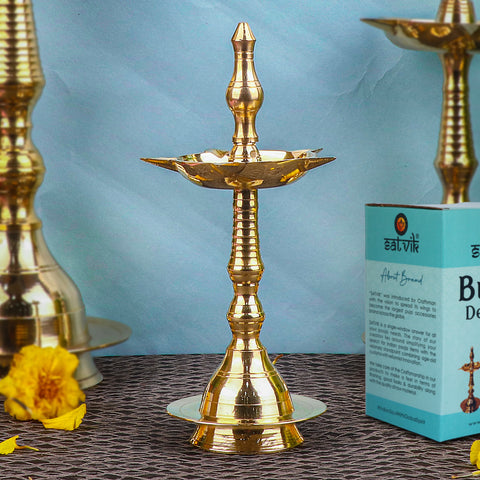 12.5/13 Inch Beautiful Brass Kerala Inauguration Diya Deepam – Handcrafted brass diya ideal for inaugurations, pooja ceremonies, and traditional décor, radiating warmth and spiritual positivity. India’s Largest Pooja Accessories Brand – www.satvikstore.in