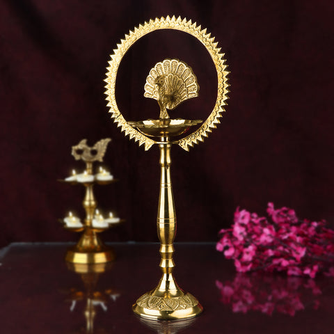 20 Inch Mor Kiran Style Brass Kerala Diya – Handcrafted peacock diya in Kiran style, perfect for large temples, pooja rituals, and festive decor. India’s Largest Pooja Accessories Brand – www.satvikstore.in