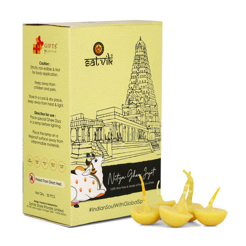 Pack of 50 Pure Cow Ghee Diya Wicks (Wax Free), handcrafted with natural cow ghee for long-lasting, clean-burning light during pooja, aarti, and spiritual rituals. Eco-friendly and pure. India’s Largest Pooja Accessories Brand – www.satvikstore.in