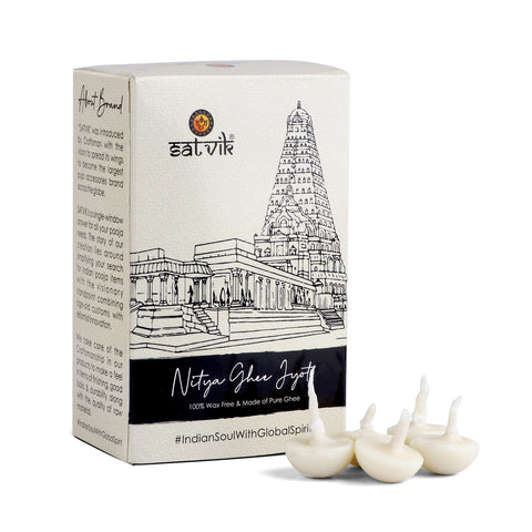 Pack of 50 Pure Desi Ghee Diya Wicks (Wax Free), handcrafted with natural desi ghee for long-lasting, pure illumination during pooja and spiritual rituals. Eco-friendly and handmade. India’s Largest Pooja Accessories Brand – www.satvikstore.in