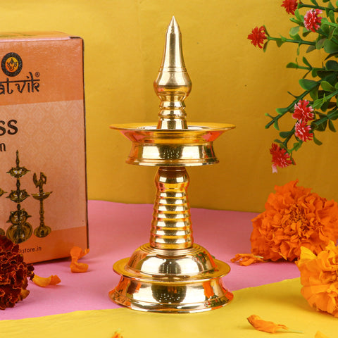 6 Inch Small Brass Kerala Diya – AKP NilaVilakku Deepam – Handcrafted traditional brass diya for pooja and home decor, perfect for Kerala-style rituals. India’s Largest Pooja Accessories Brand – www.satvikstore.in