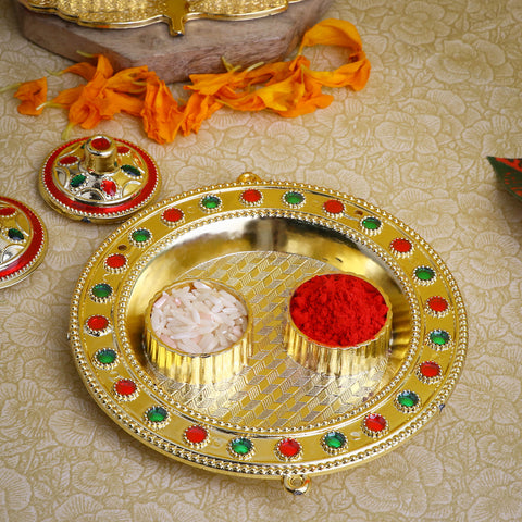 Attractive round Roli Akshat platter, elegantly crafted circular tray used for holding roli and akshat during pooja, tilak, and festive ceremonies. 
India’s Largest Pooja Accessories Brand – www.satvikstore.in 