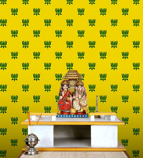 Premium yellow printed backdrop cloth with traditional floral and decorative motifs, ideal for pooja, festivals, and home temple decoration. India’s Largest Pooja Accessories Brand – www.satvikstore.in
